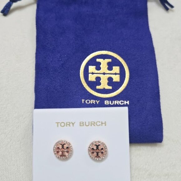 Tory Burch Crystal Logo Circle Stud Earrings *Rose gold - Picture 2 of 5